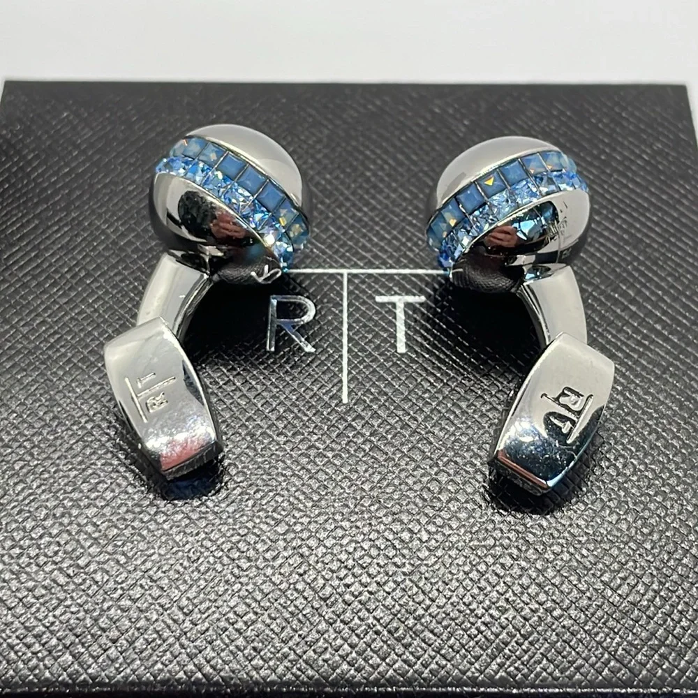 R|T by Robert Tateossian London Swarovski Blue Crystal Cufflinks Rhodium w Box